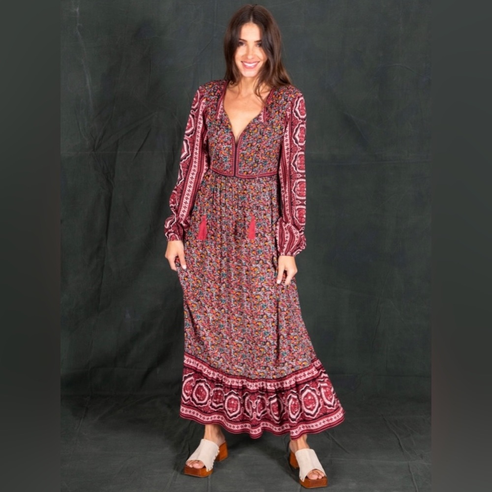 Natural Life Rosa Woven Maxi Dress Size S Black Red Border NWT